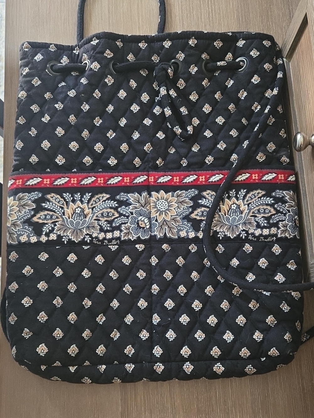 Vera Bradley Black Quilted Tote with Red & Cream Floral Drawstring Backpack